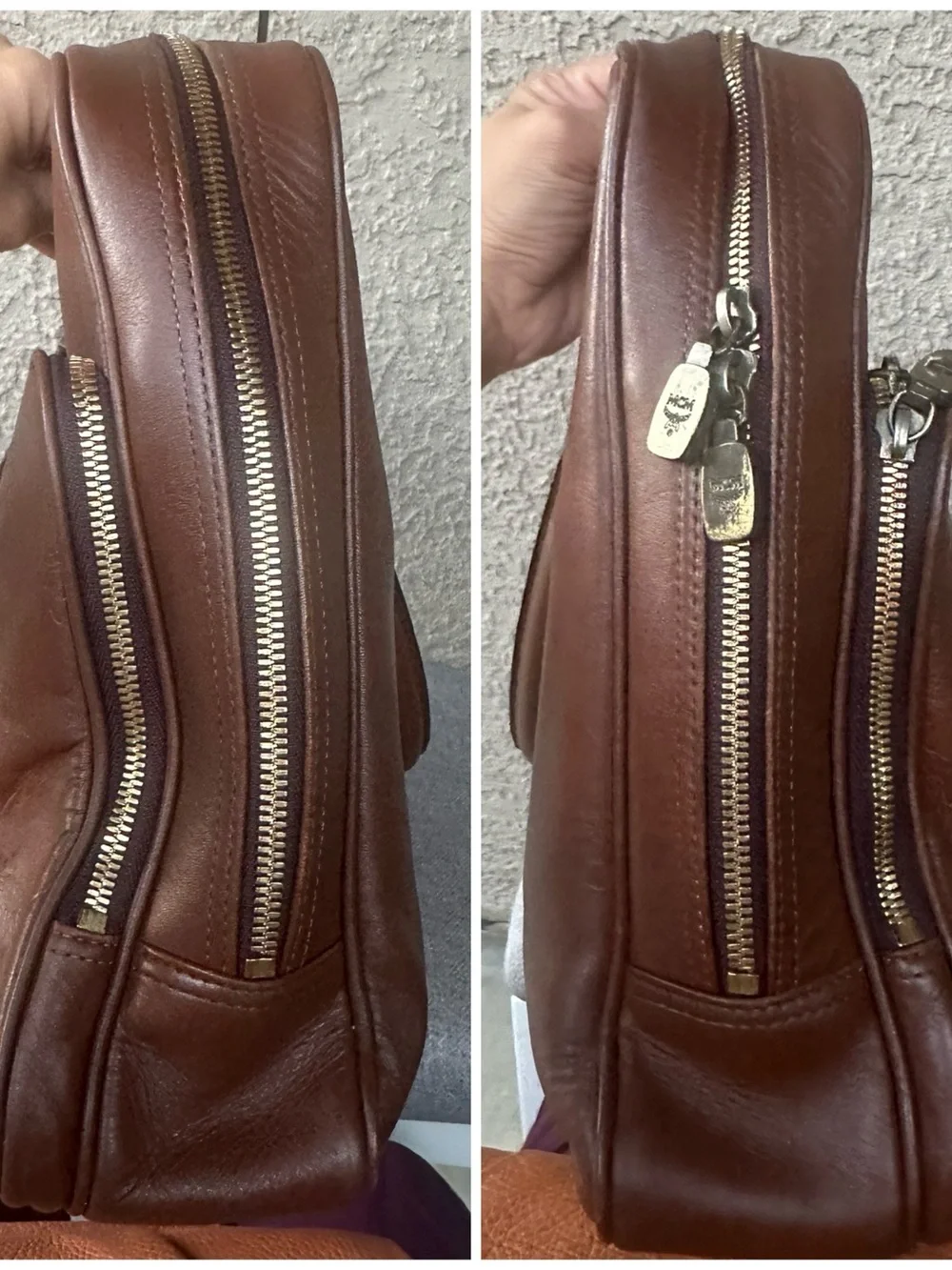 MCM Cognac Leather Briefcase with Gold Plaque
